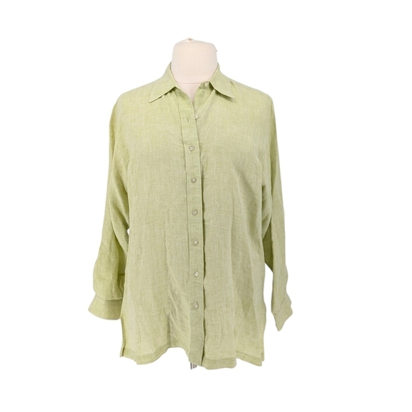 00260 Land's End Button Down Linen Shirt Lime Green 18W coastal grandma preppy - Picture 1 of 6